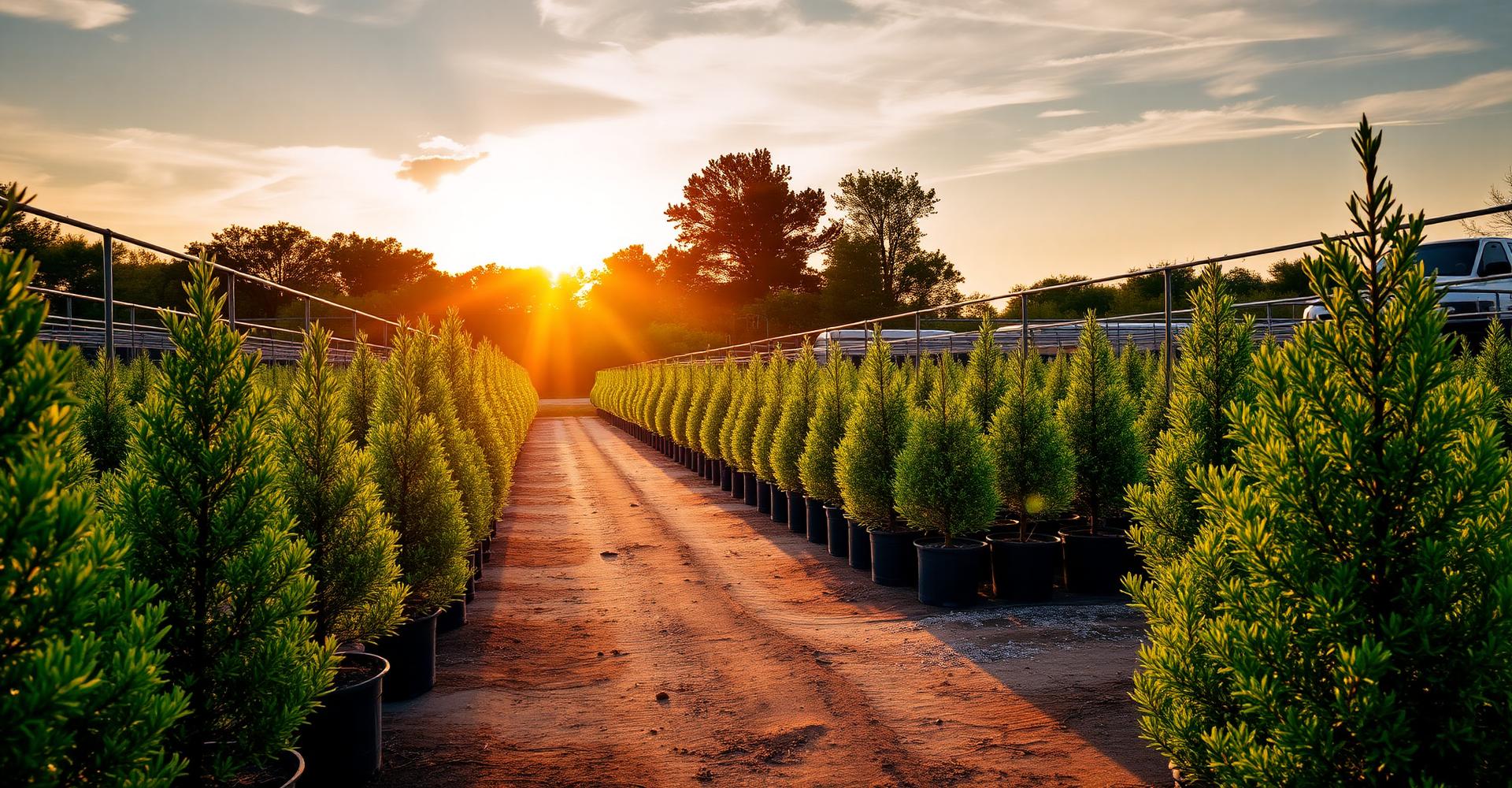 Rows of container-grown trees and shrubs at an EPIC Landscaping nursery yard at sunset